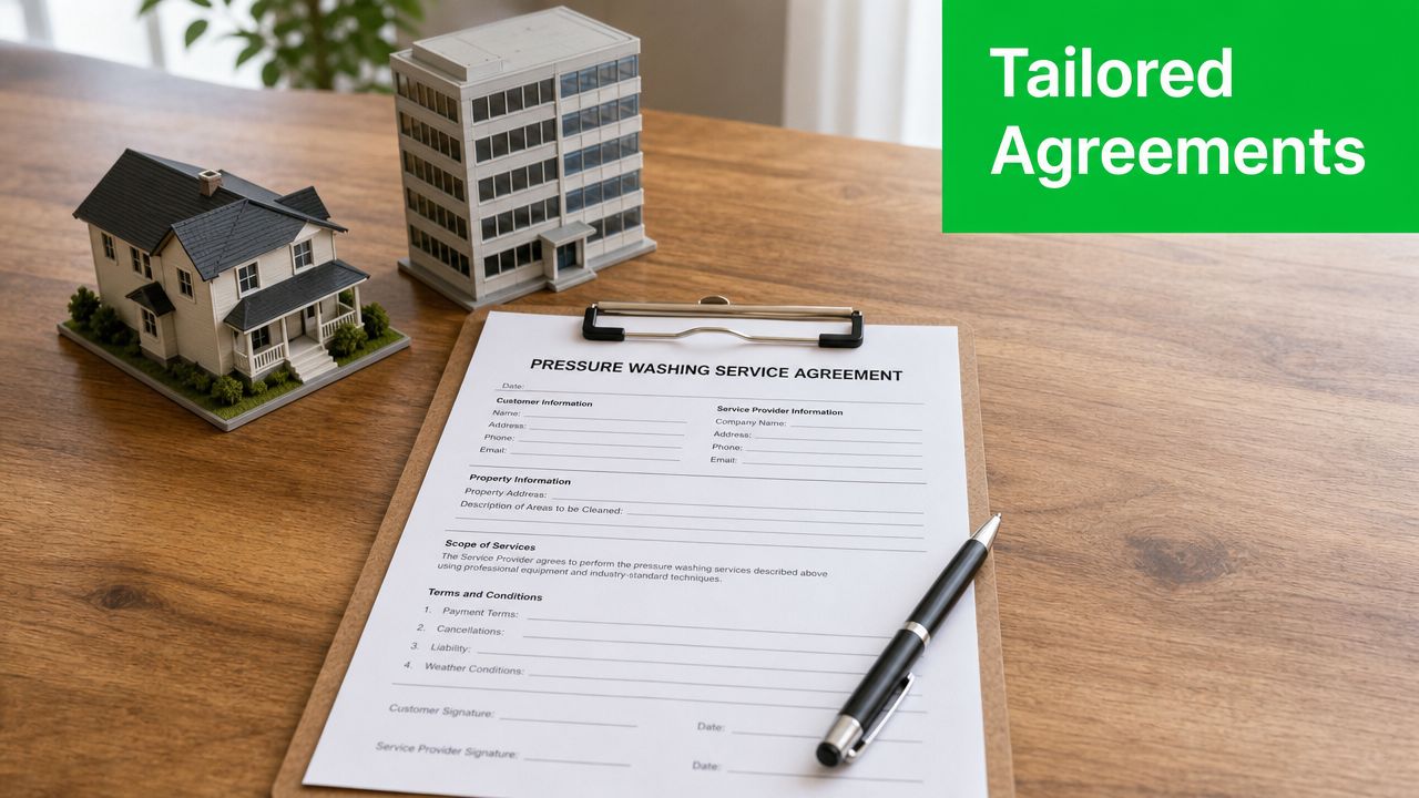 A blank pressure washing service agreement on a wooden table with miniature house and building models.