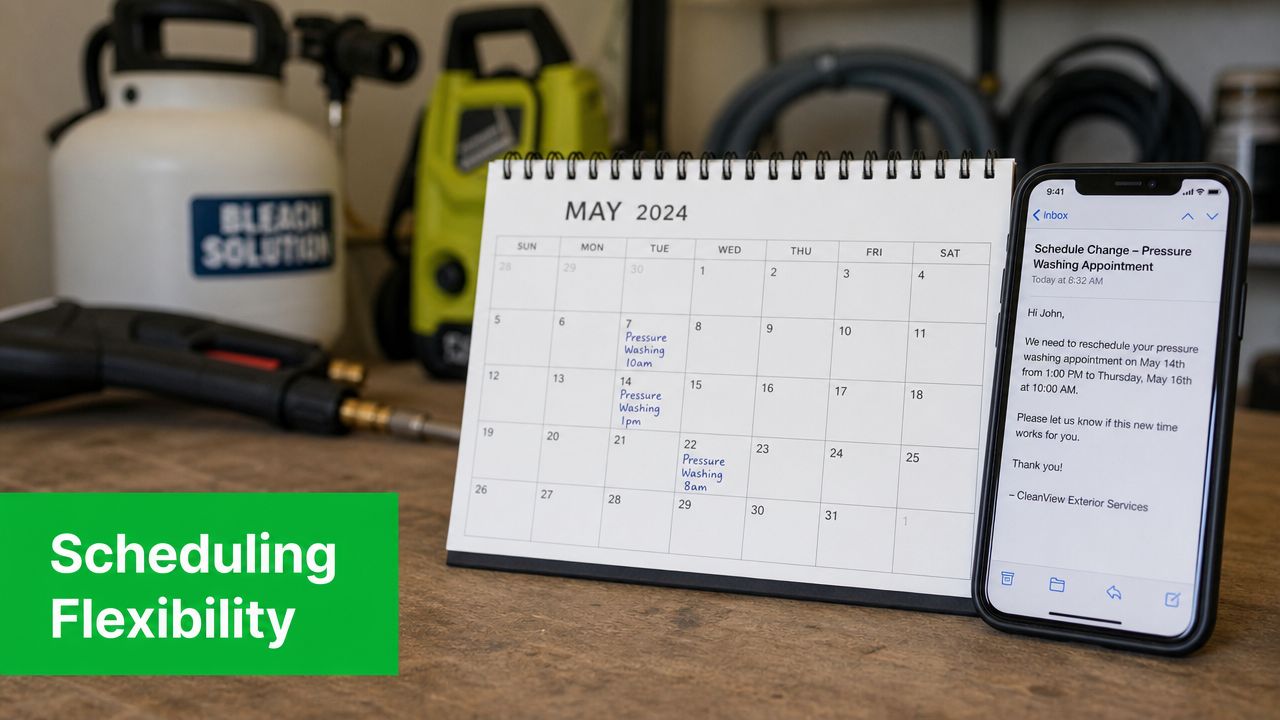 A calendar showing pressure washing appointments next to a smartphone displaying an email about rescheduling service.