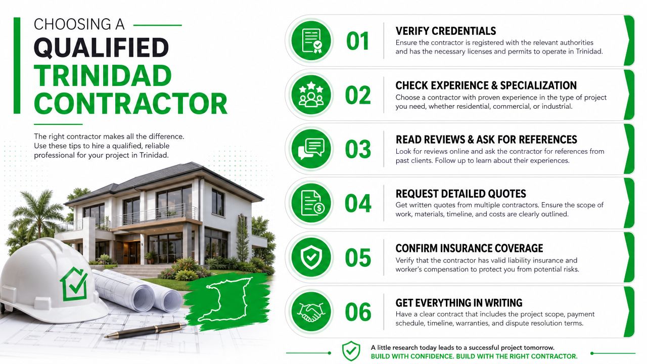 A professional infographic providing tips for choosing a qualified construction contractor in Trinidad for home projects.