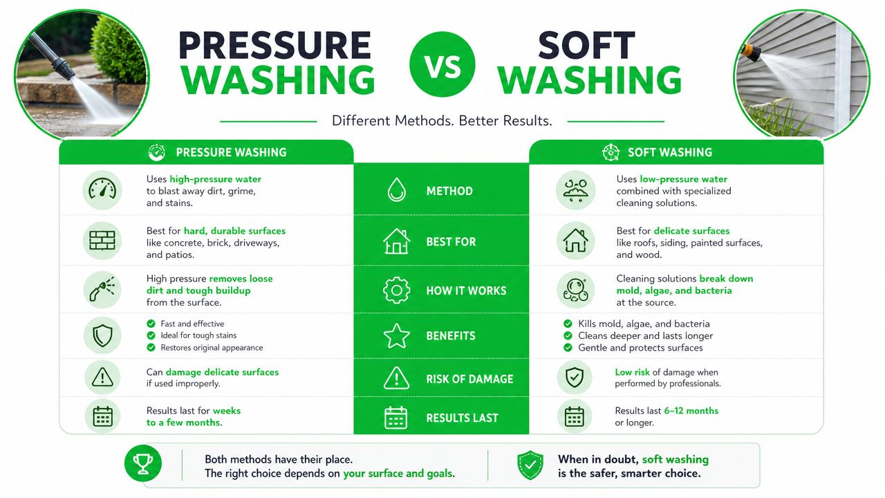 A comparison chart explaining the differences between pressure washing and soft washing methods for cleaning surfaces.
