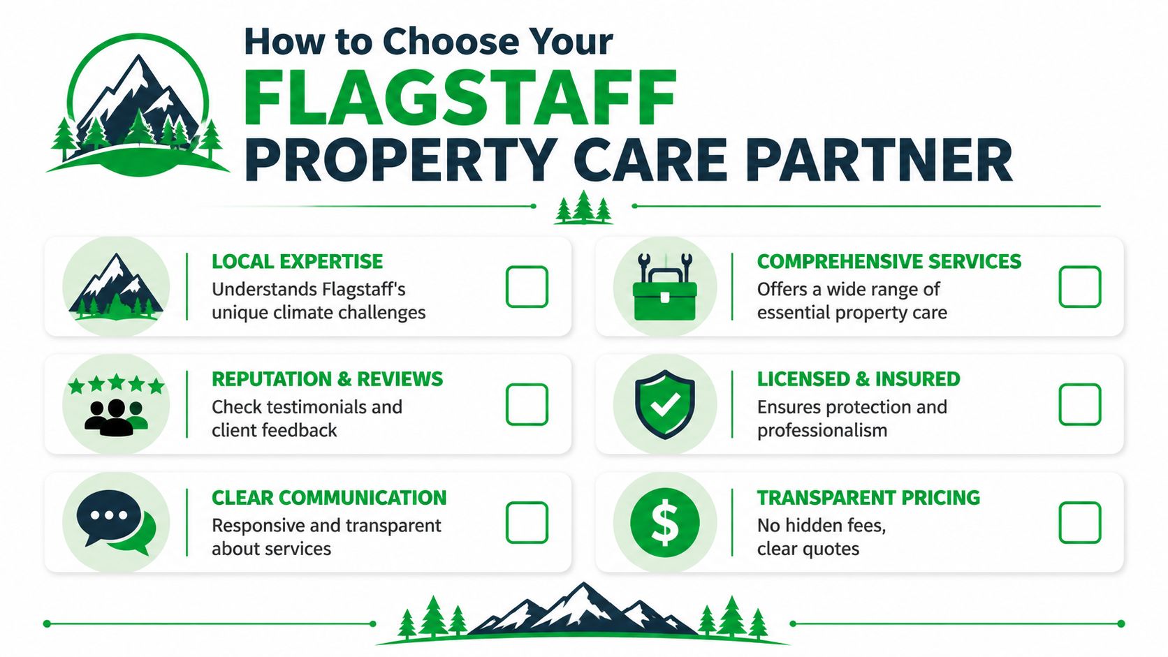 A checklist infographic titled How to Choose Your Flagstaff Property Care Partner with six essential criteria.