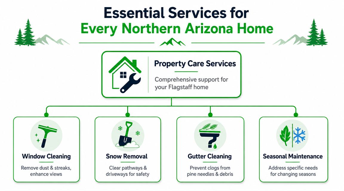 A diagram outlining property care services for homes, including window cleaning, snow removal, gutter cleaning, and maintenance.