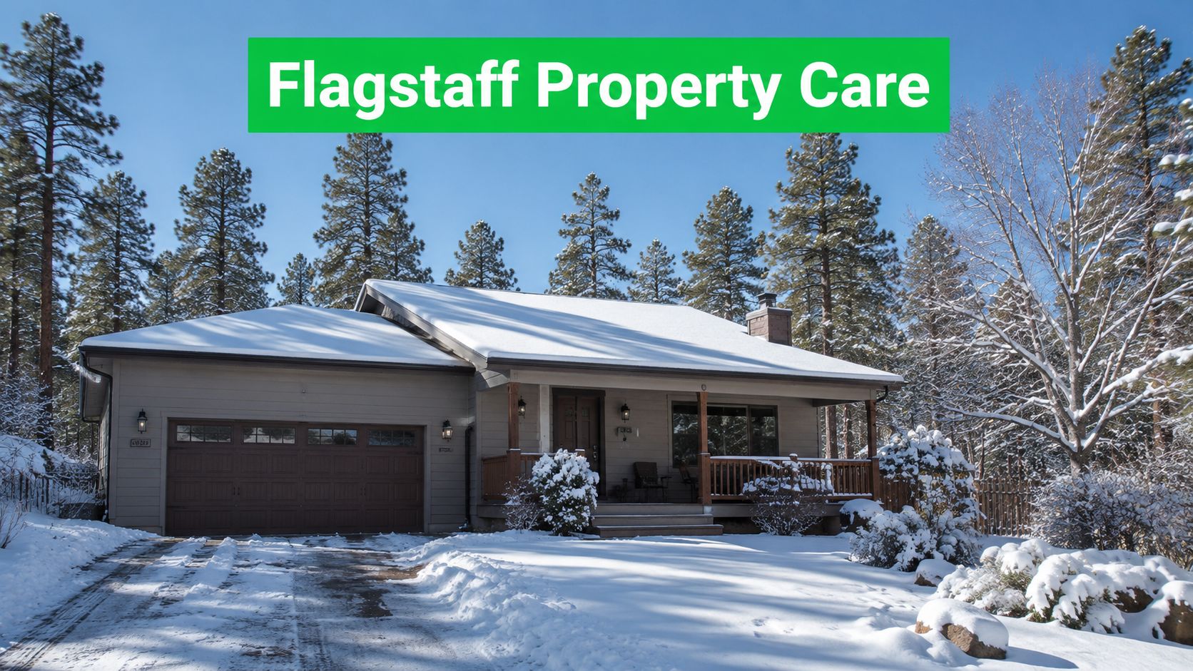 A cozy, single-story house covered in snow, surrounded by pine trees in a snowy landscape.