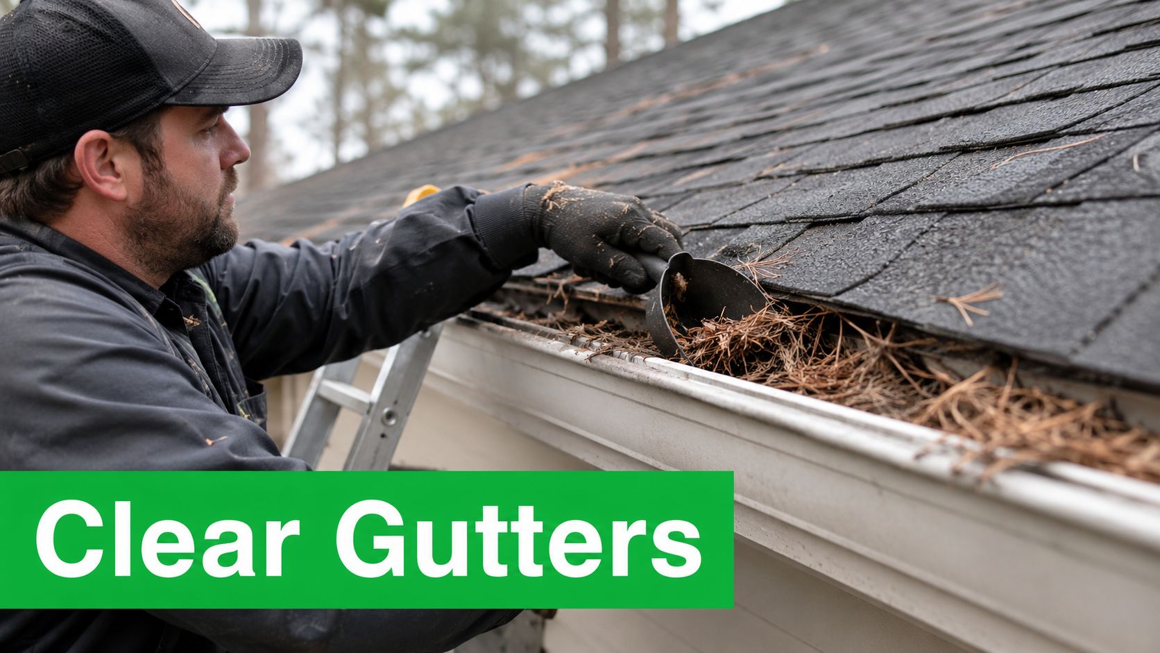 A professional maintenance worker cleaning debris from a residential gutter while standing on a ladder.