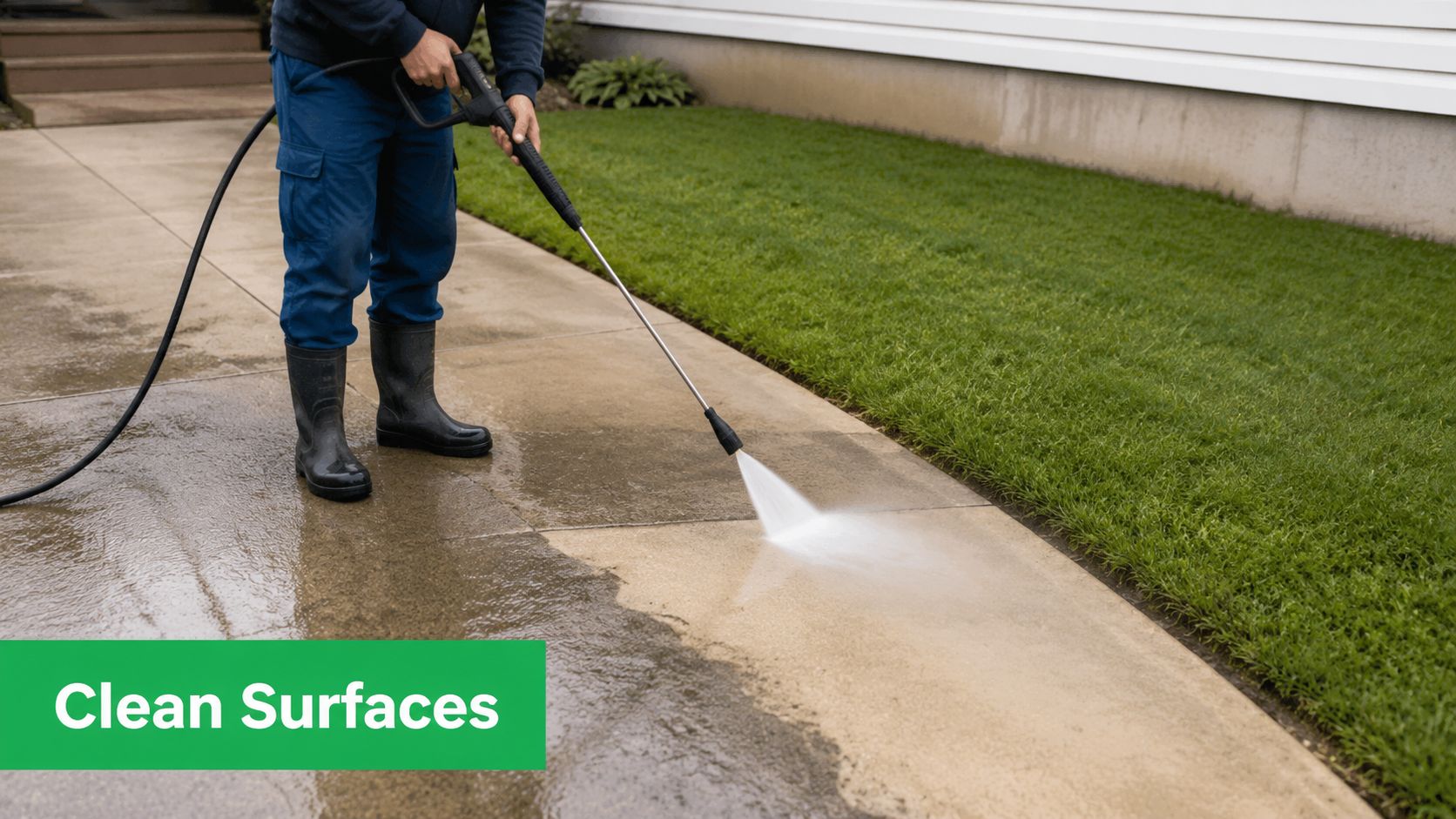 A professional worker using a high-pressure washer to clean a concrete walkway near a grassy lawn.