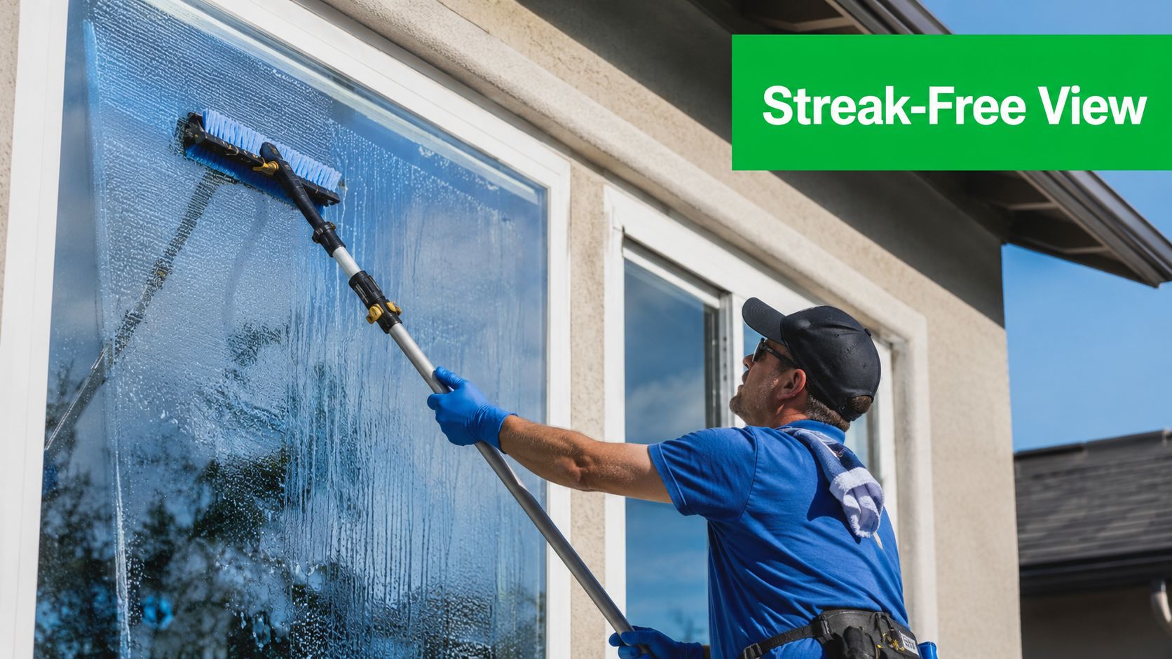 A professional window cleaner wearing a blue uniform uses an extendable pole to wash a house window.