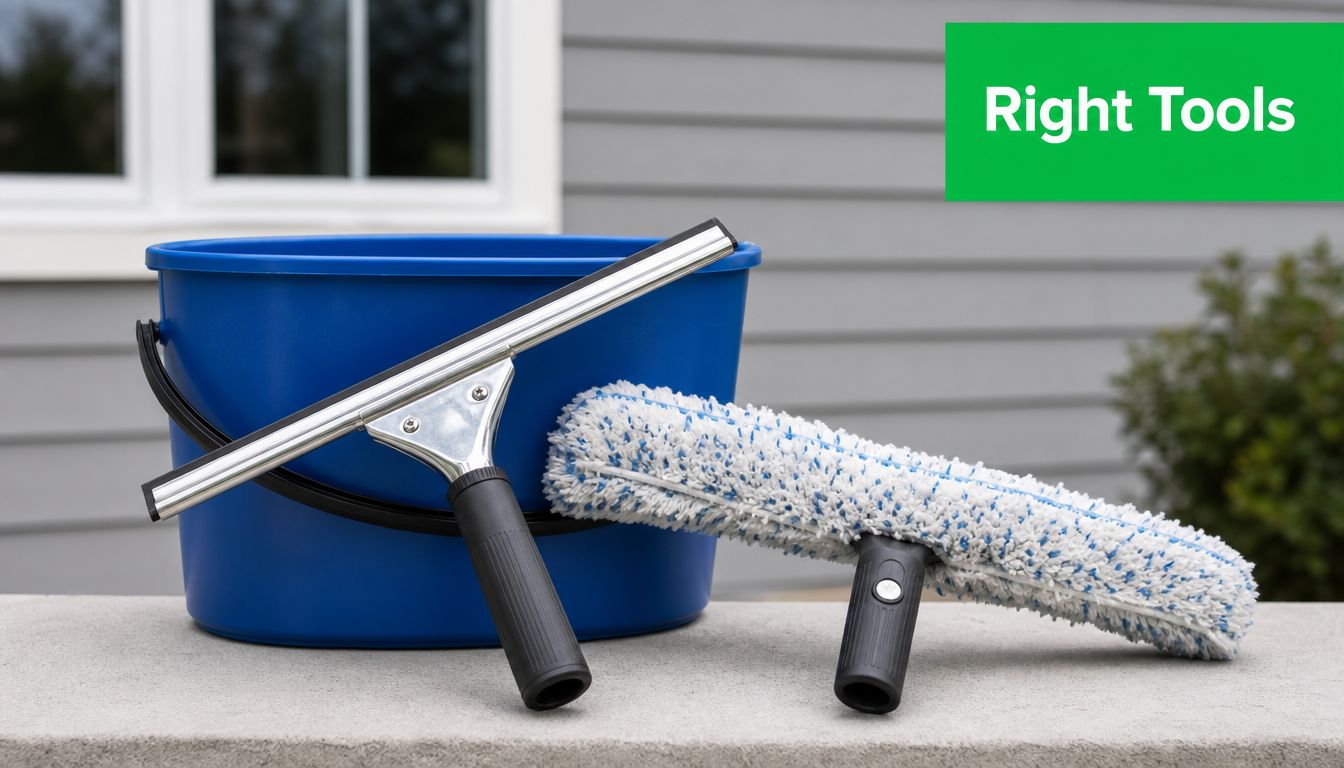A blue plastic bucket sits behind a window squeegee and a microfiber washer tool on a concrete surface.