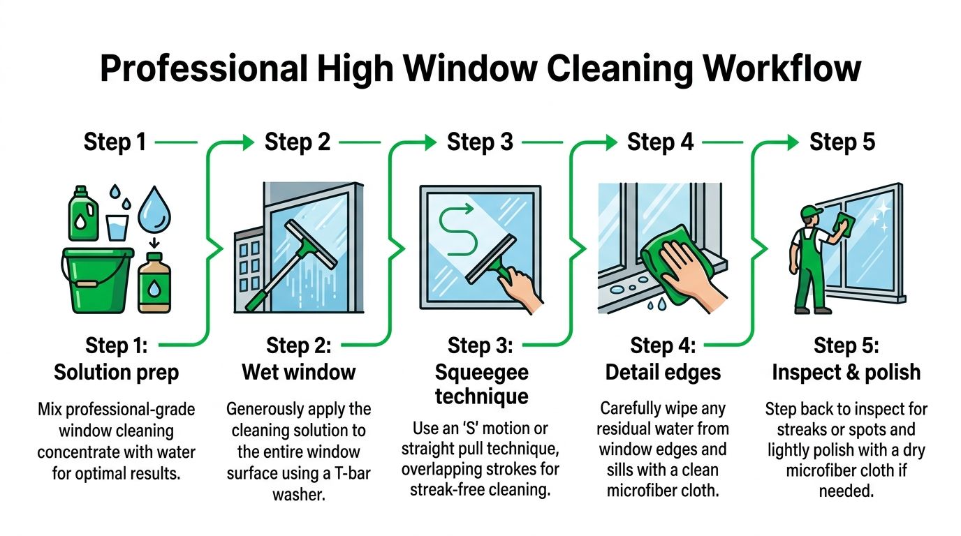 A professional high window cleaning infographic detailing five steps for achieving streak-free glass cleaning results.