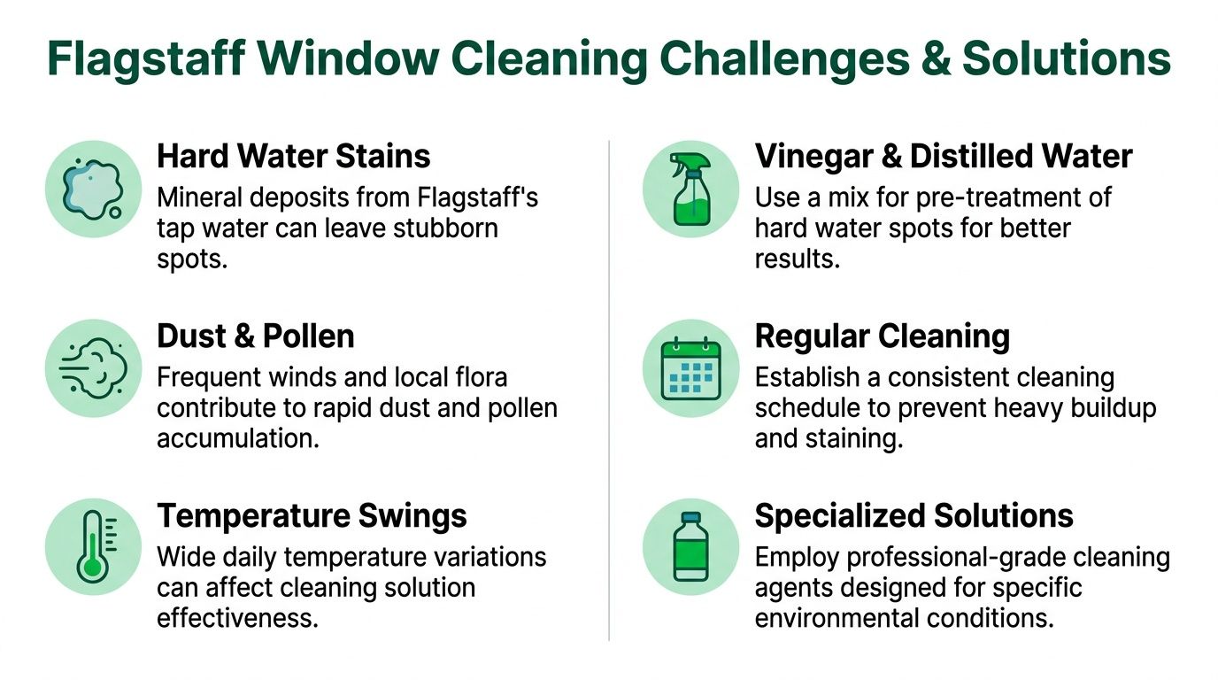 A graphic listing common window cleaning challenges in Flagstaff and their corresponding professional solutions.