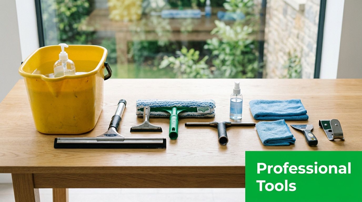 An array of window cleaning tools including a bucket, squeegees, microfiber cloths, and sprays on a table.