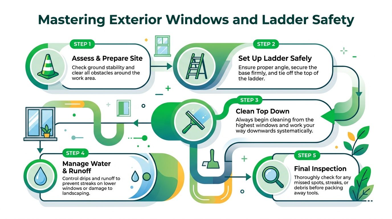 An infographic titled Mastering Exterior Windows and Ladder Safety showing a five-step process for window cleaning.
