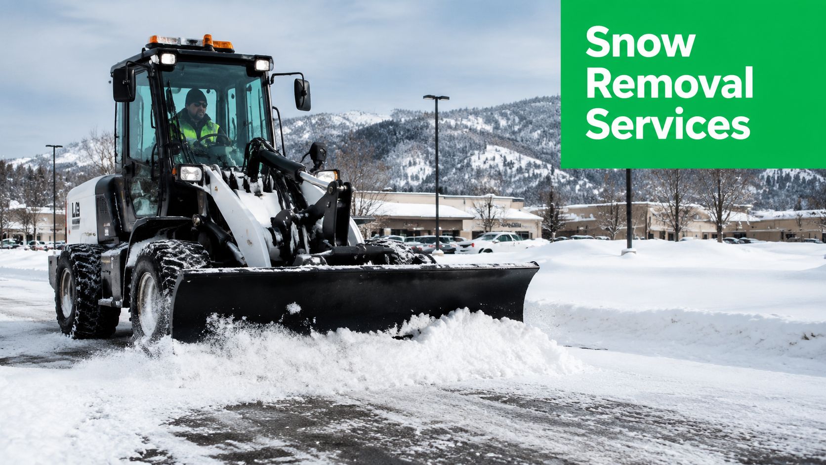 A professional snow plow vehicle clearing snow from a parking lot during a cold winter day.