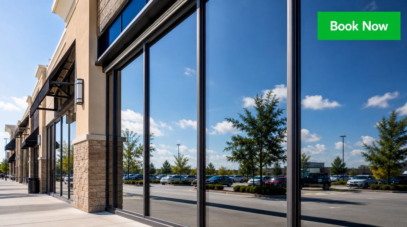 A modern commercial storefront reflecting a blue sky and cars in the parking lot exterior.