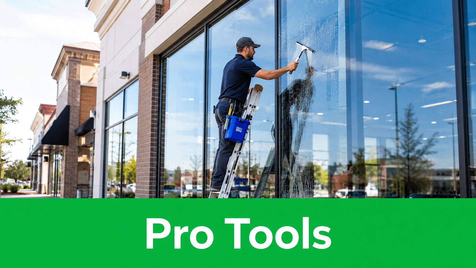 A professional window cleaner using a squeegee on a large glass window of a commercial building storefront.