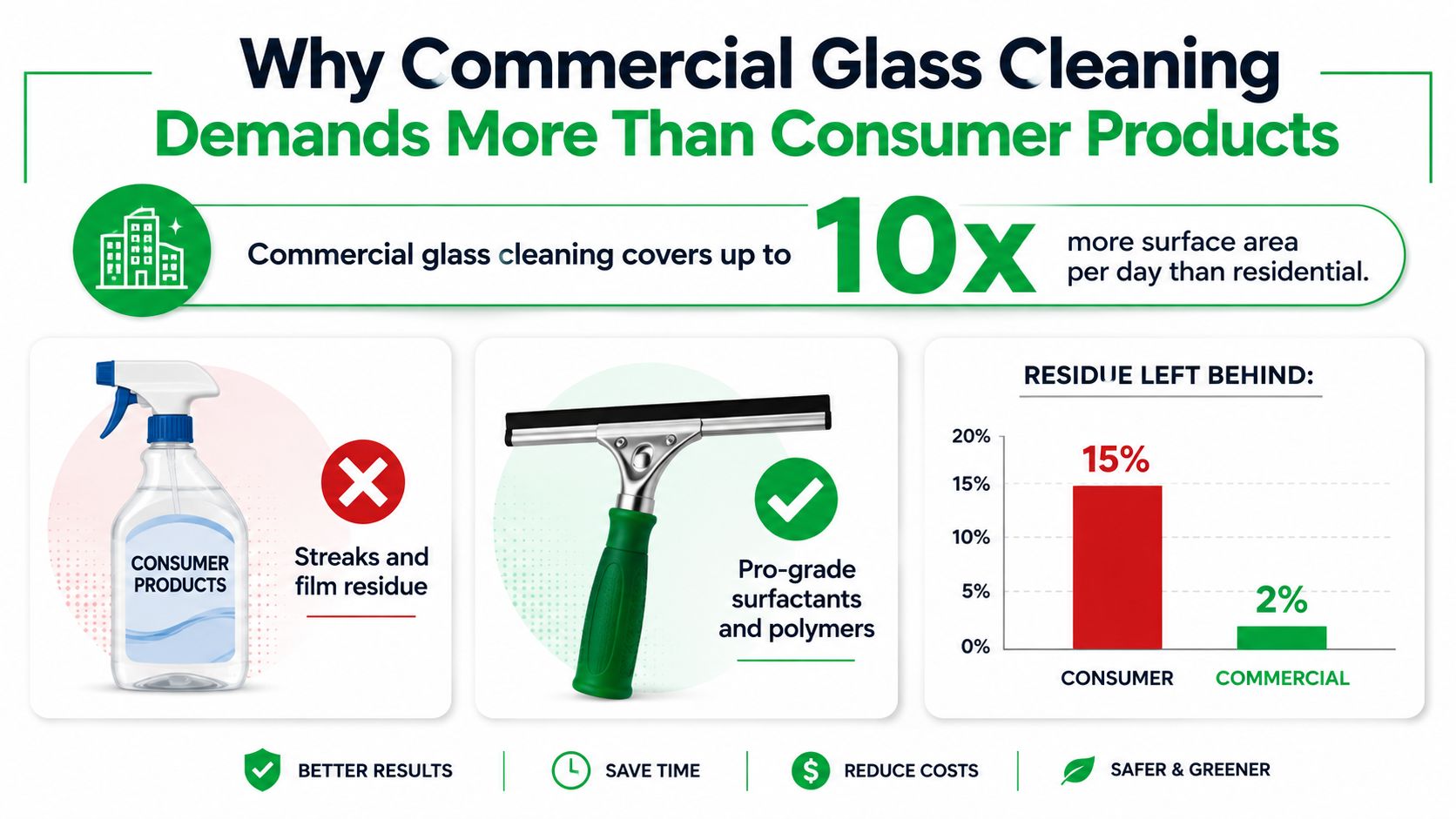 An infographic comparing commercial and consumer glass cleaning products, highlighting efficiency, residue levels, and professional cleaning tools.