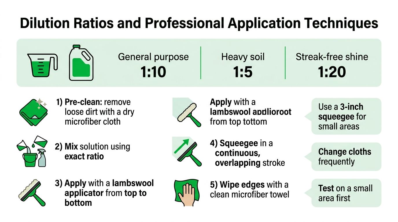 An infographic showing dilution ratios for glass cleaner and professional application steps for best cleaning results.