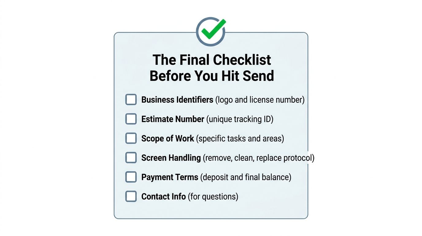 A checklist for cleaning business estimates before sending to clients, featuring key information fields.