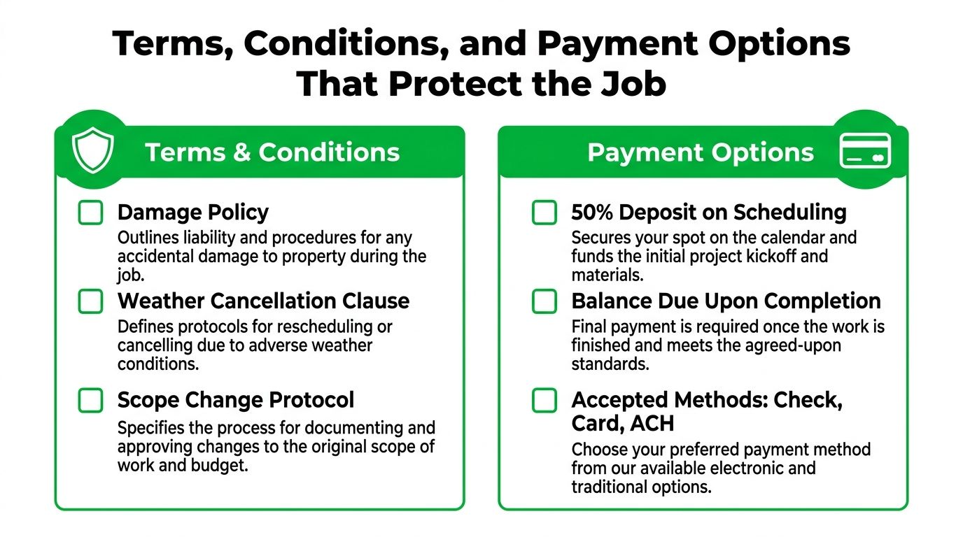 A graphic showing business terms, conditions, and payment options for a job including damage and cancellation policies.