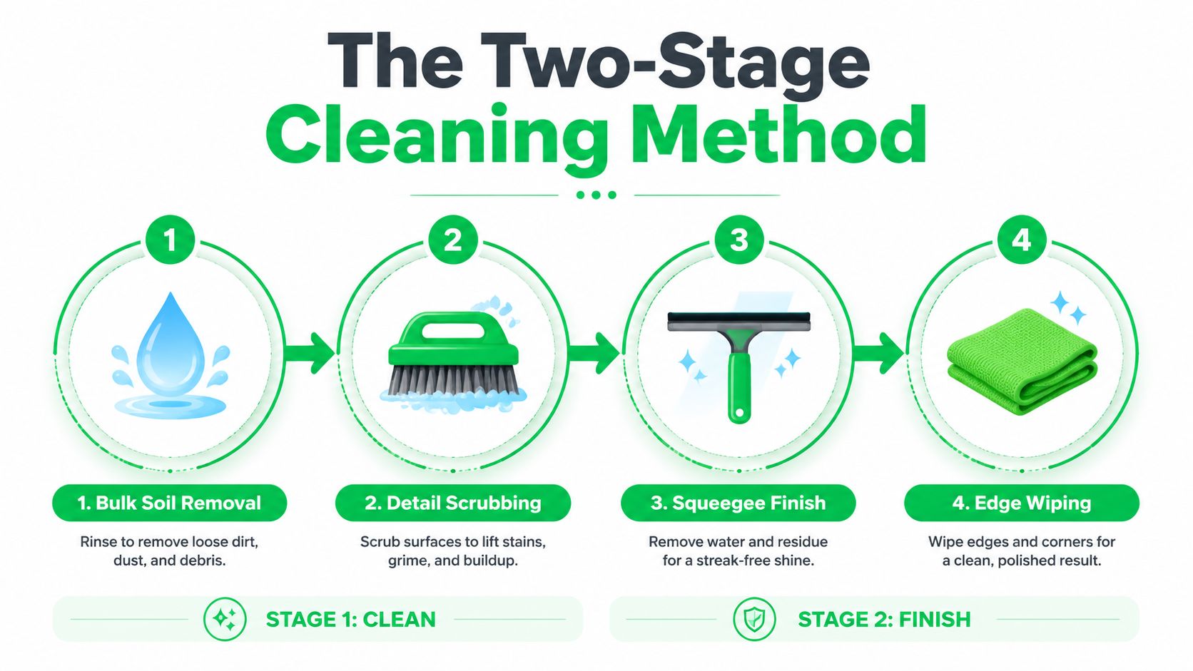 A four-step infographic illustrating the two-stage cleaning process for achieving professional-looking, streak-free window surfaces efficiently.