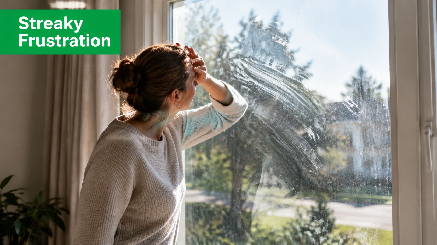 A frustrated woman looking at a dirty, streaky window pane during a home cleaning session.
