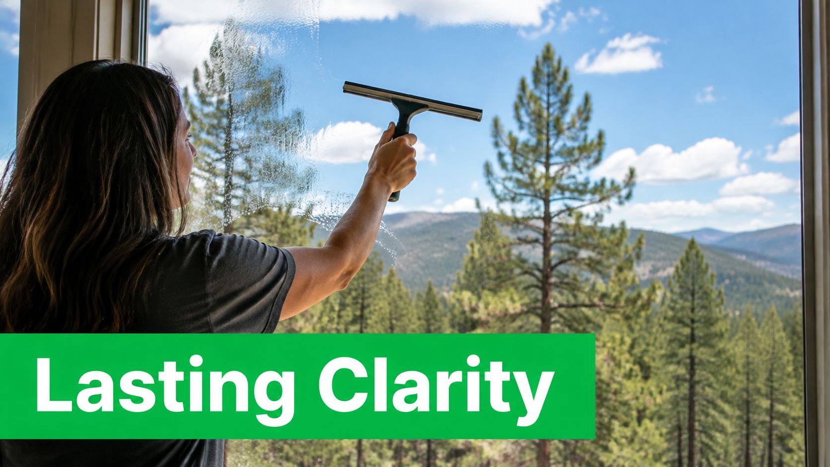 A woman cleaning a window with a squeegee, showcasing a beautiful view of pine trees and mountains.