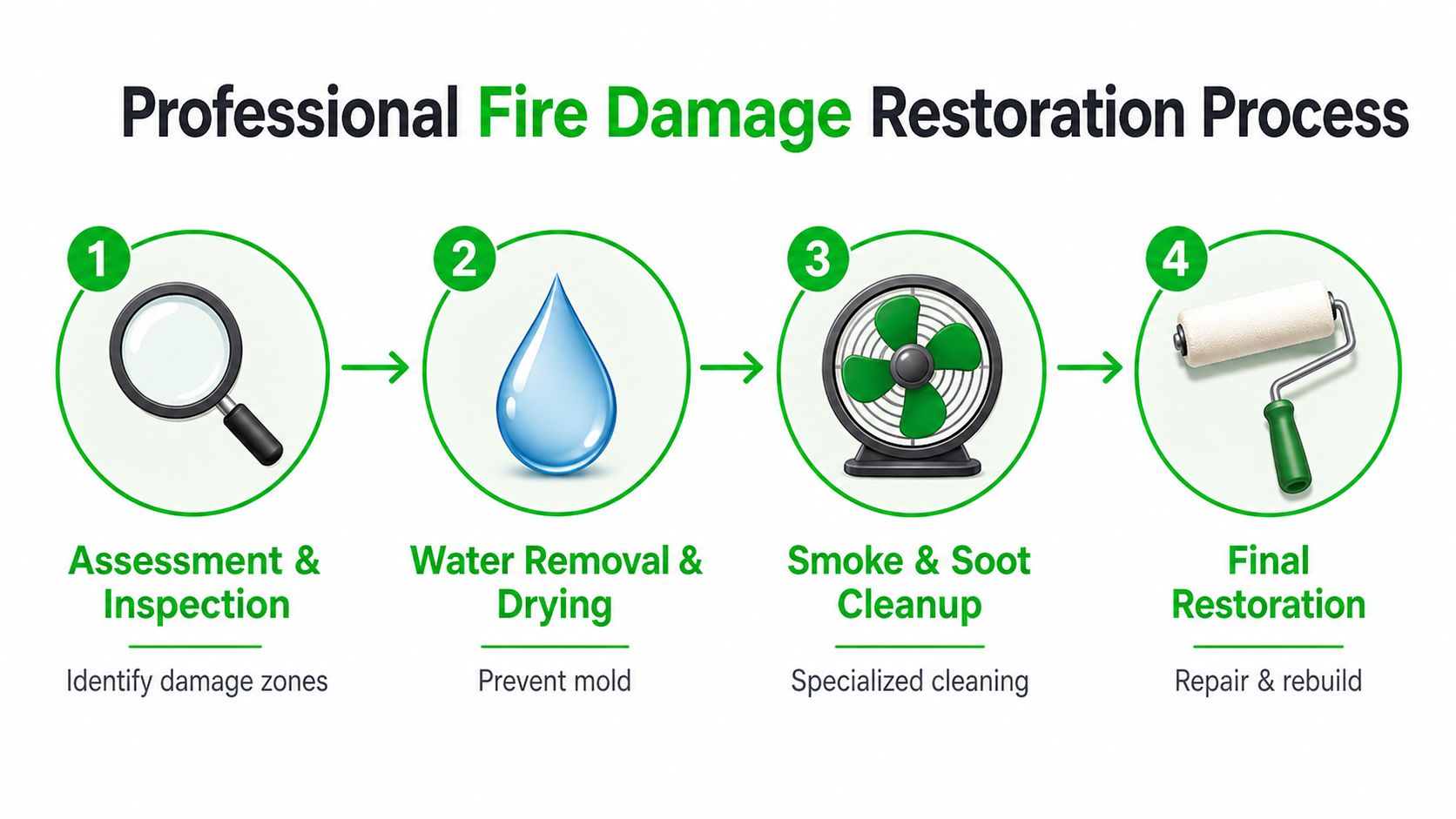 A four-step infographic illustrating the professional fire damage restoration process from inspection to final repair.