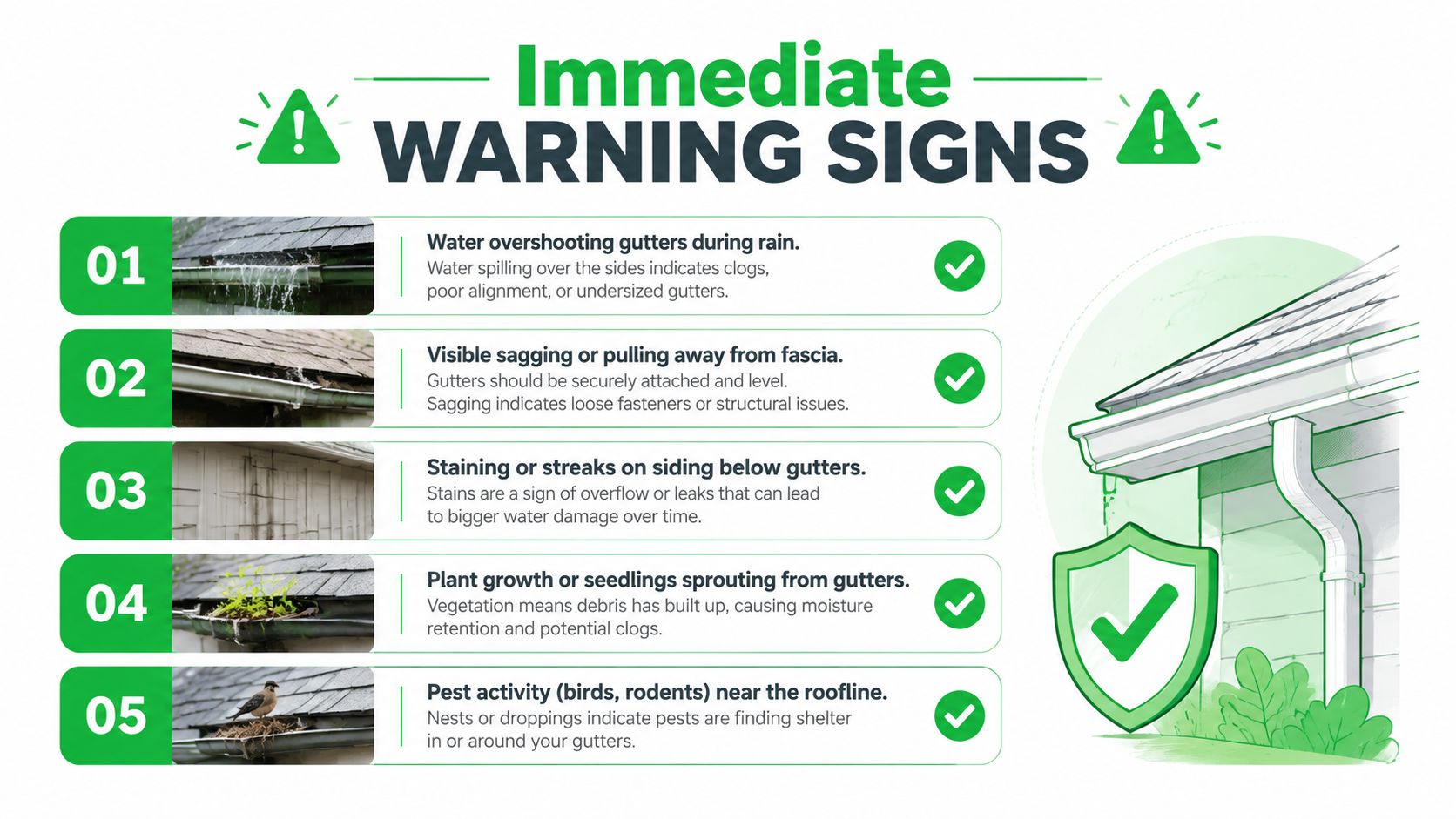An infographic illustrating five immediate warning signs that indicate your home gutters need maintenance and repair.