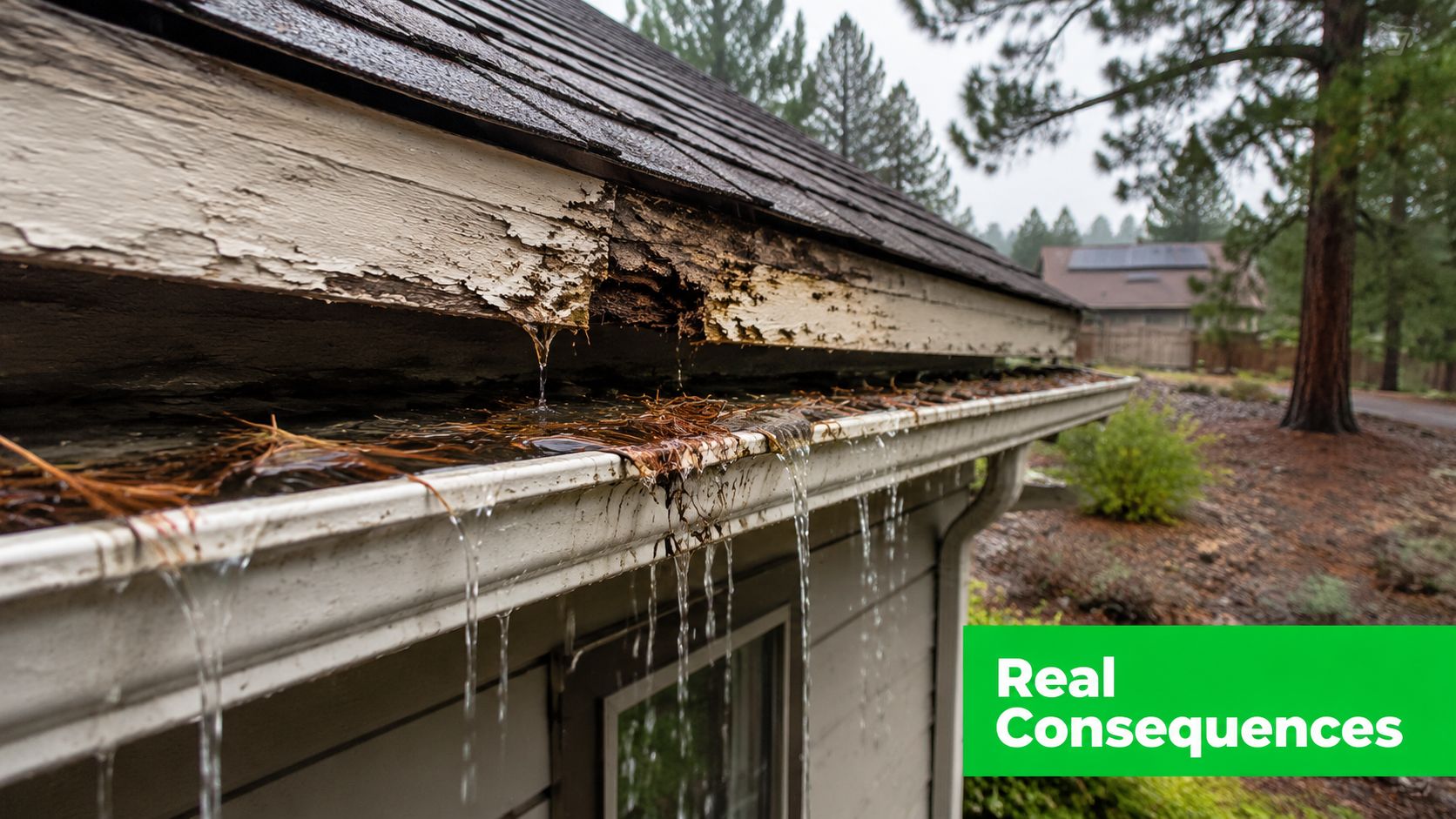 A damaged wooden fascia board with rotting wood and a clogged roof gutter overflowing with water.