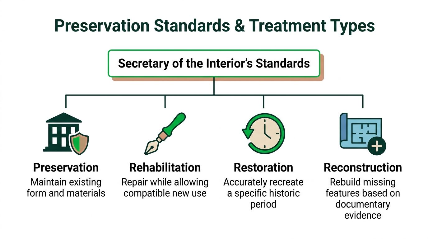 A diagram outlining the four Secretary of the Interior's Standards for historic building preservation and treatment types.