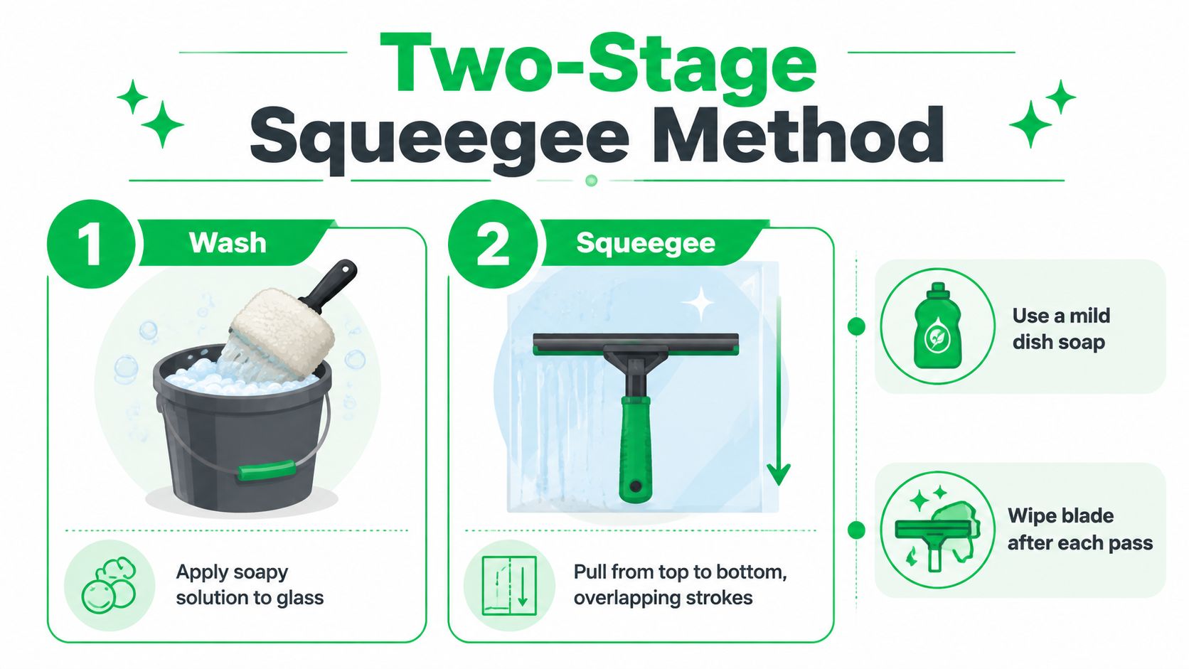 An infographic showing the two-stage squeegee method for cleaning windows using soapy solution and a squeegee tool.