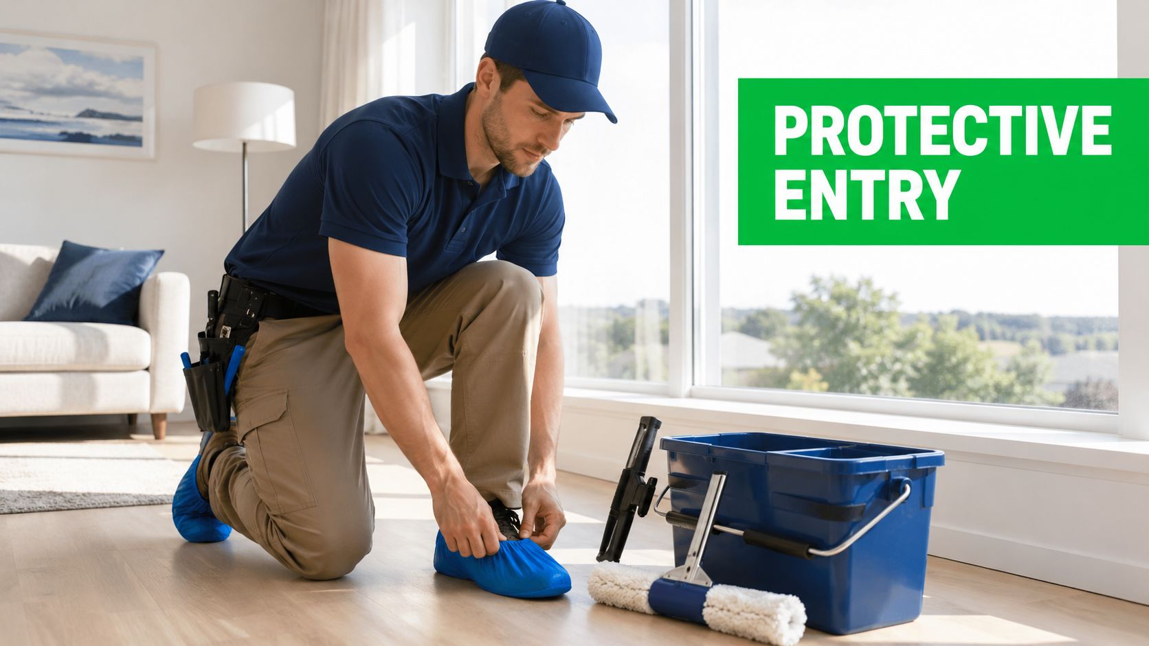 A professional window cleaner wearing blue shoe covers prepares to clean residential windows indoors.