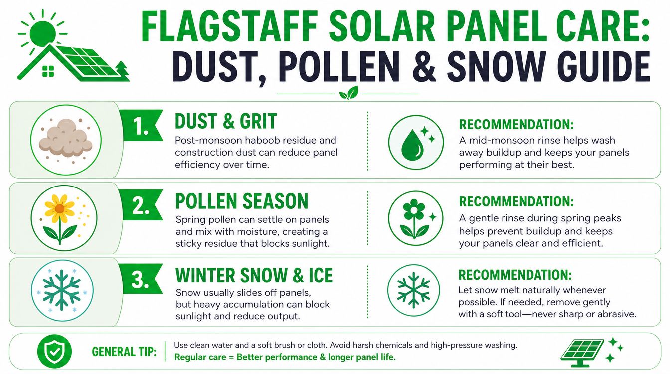 An infographic titled Flagstaff Solar Panel Care guide showing tips for managing dust, pollen, and winter snow.