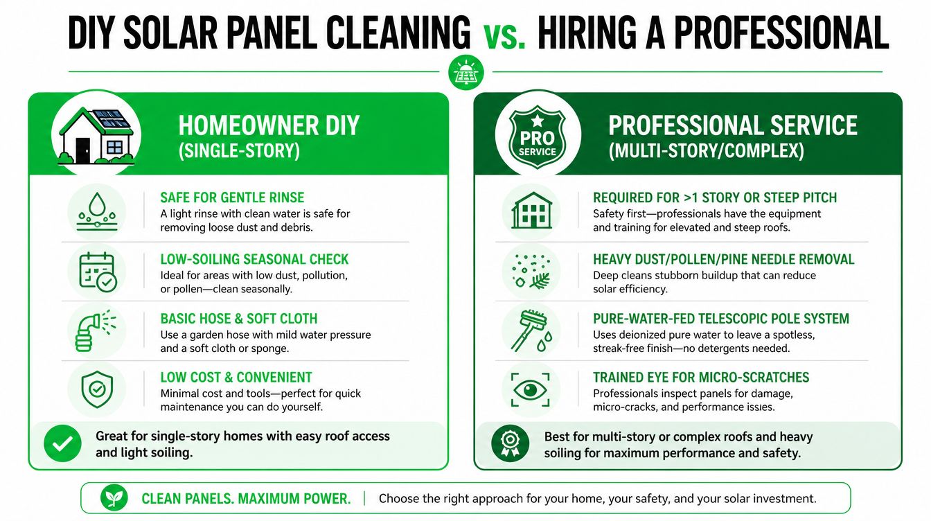 A comparative infographic showing when to DIY clean solar panels versus hiring a professional solar cleaning service.