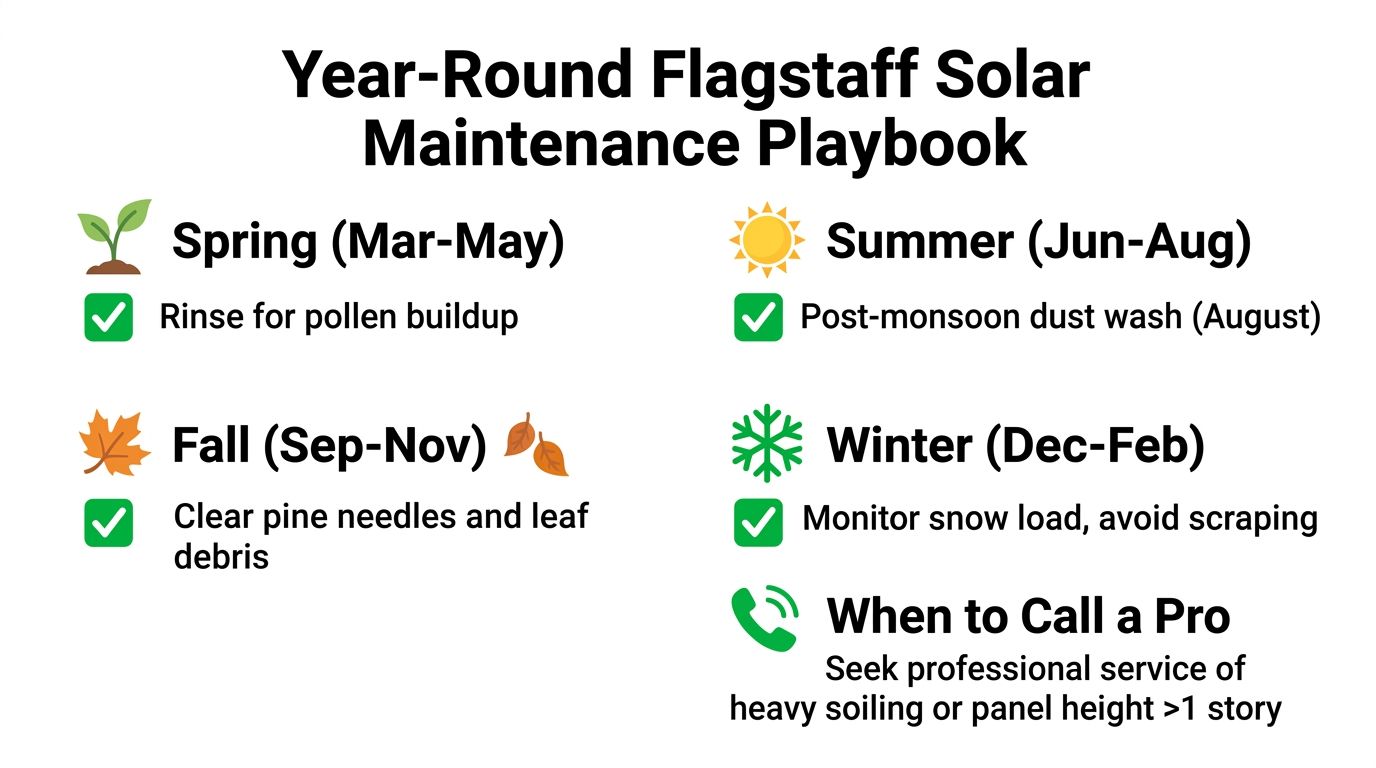 A seasonal maintenance infographic for solar panels in Flagstaff, listing cleaning tasks for spring, summer, fall, and winter.