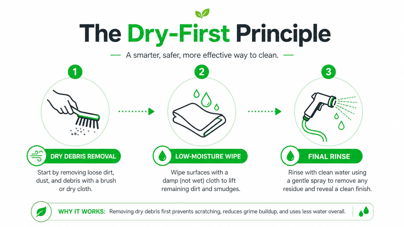 A three-step infographic explaining the Dry-First Principle method for cleaning surfaces to effectively remove debris.