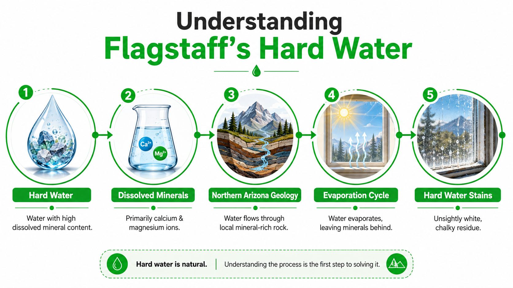 An infographic showing the five-step process of how hard water forms mineral stains in Flagstaff, Arizona.