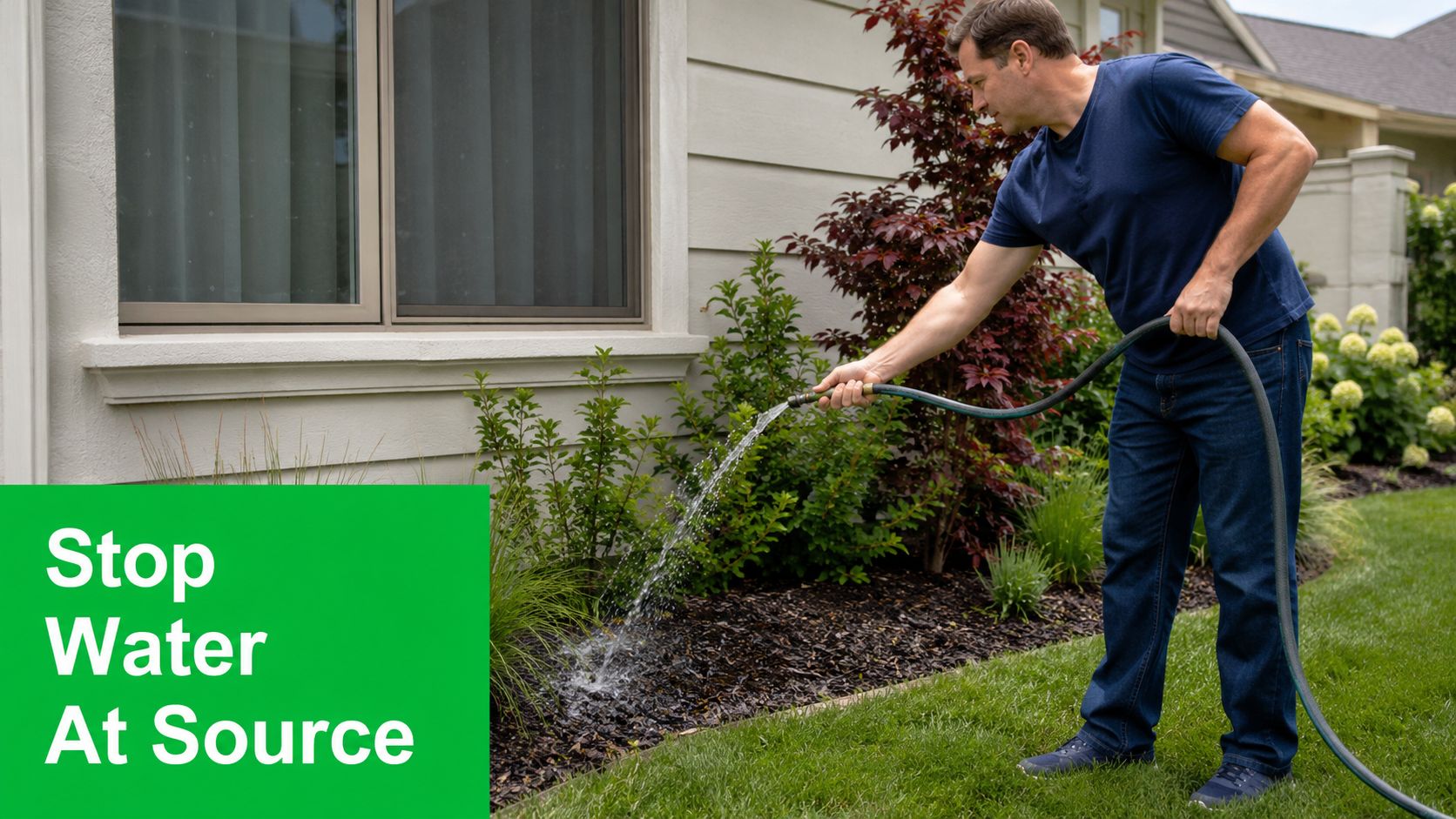 A man watering a garden bed near the side of a house with a garden hose.