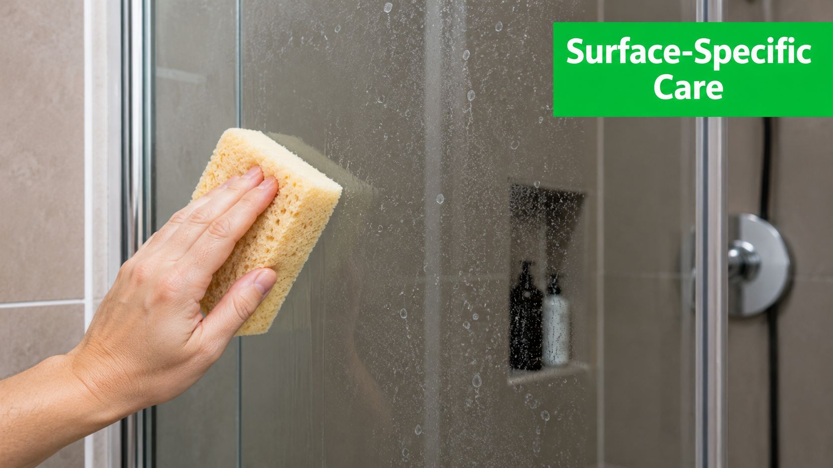 A person scrubbing water spots off a glass shower door with a yellow cleaning sponge.