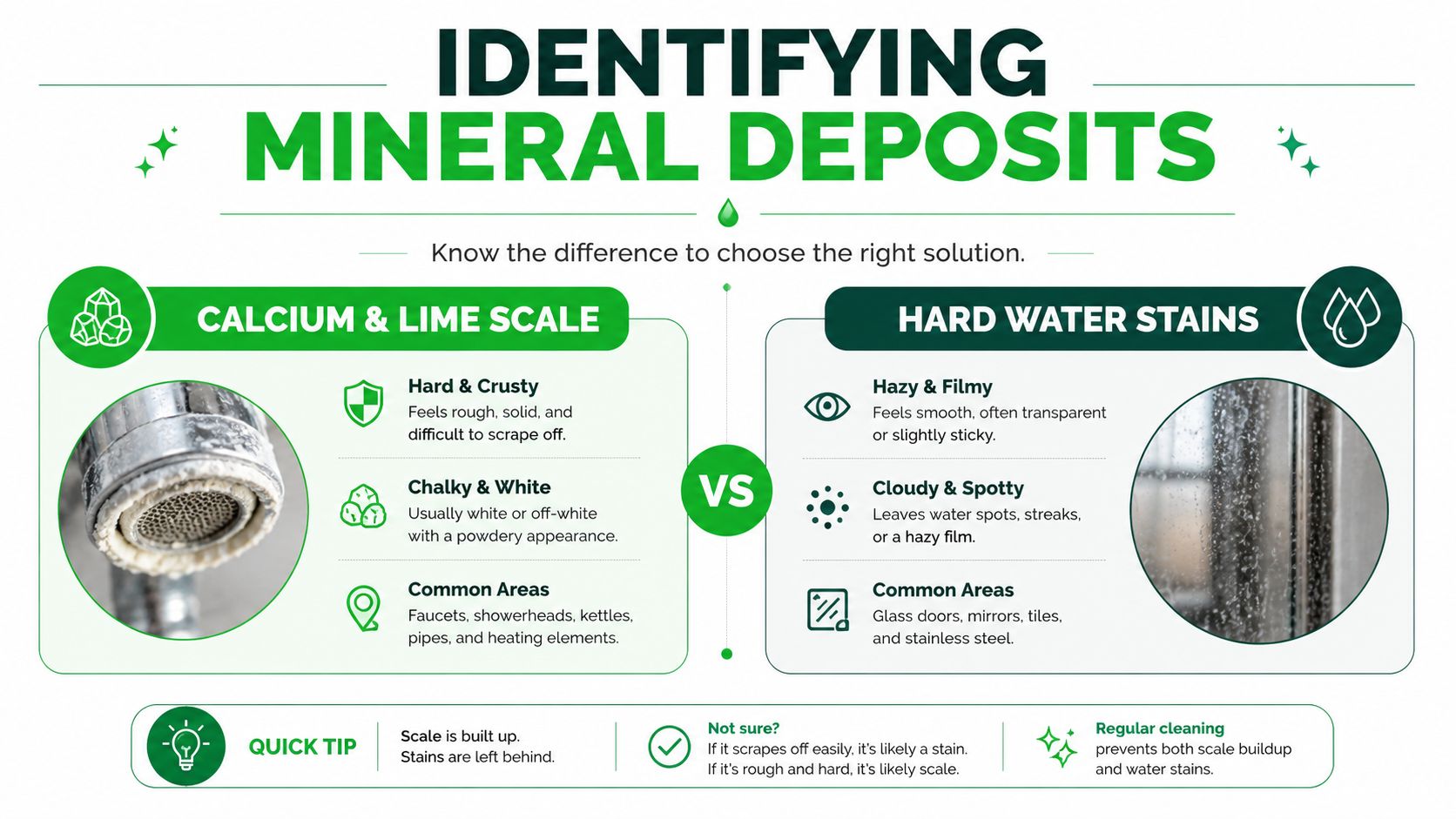 A comparison guide showing how to identify and distinguish between calcium lime scale and hard water stains.