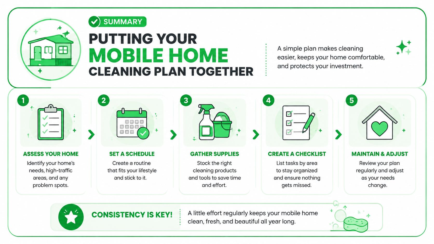 An infographic showing a five-step guide on how to create a cleaning plan for a mobile home.