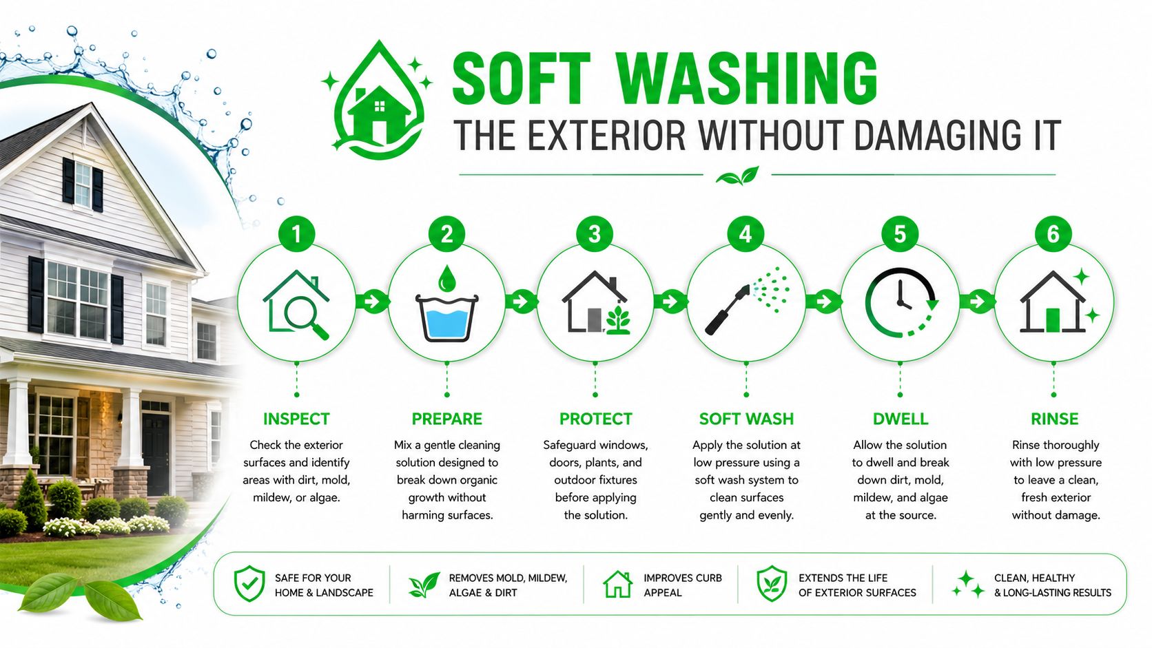 An infographic showing six steps for safely cleaning a home exterior using the soft wash method.