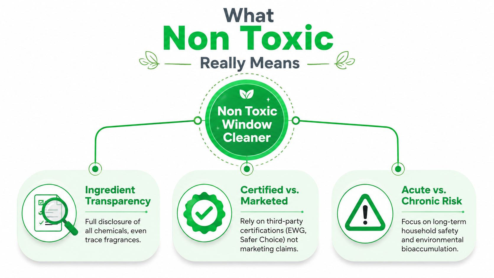 An infographic explaining the essential criteria for defining a truly non-toxic window cleaner for household safety.
