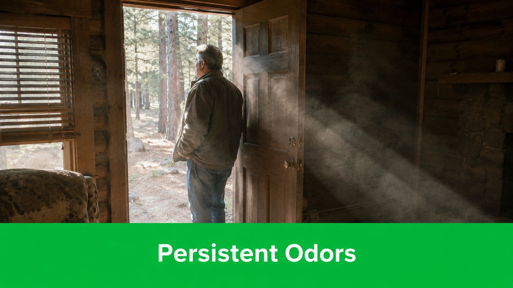 A man stands in the doorway of a rustic wooden cabin looking out into the forest.