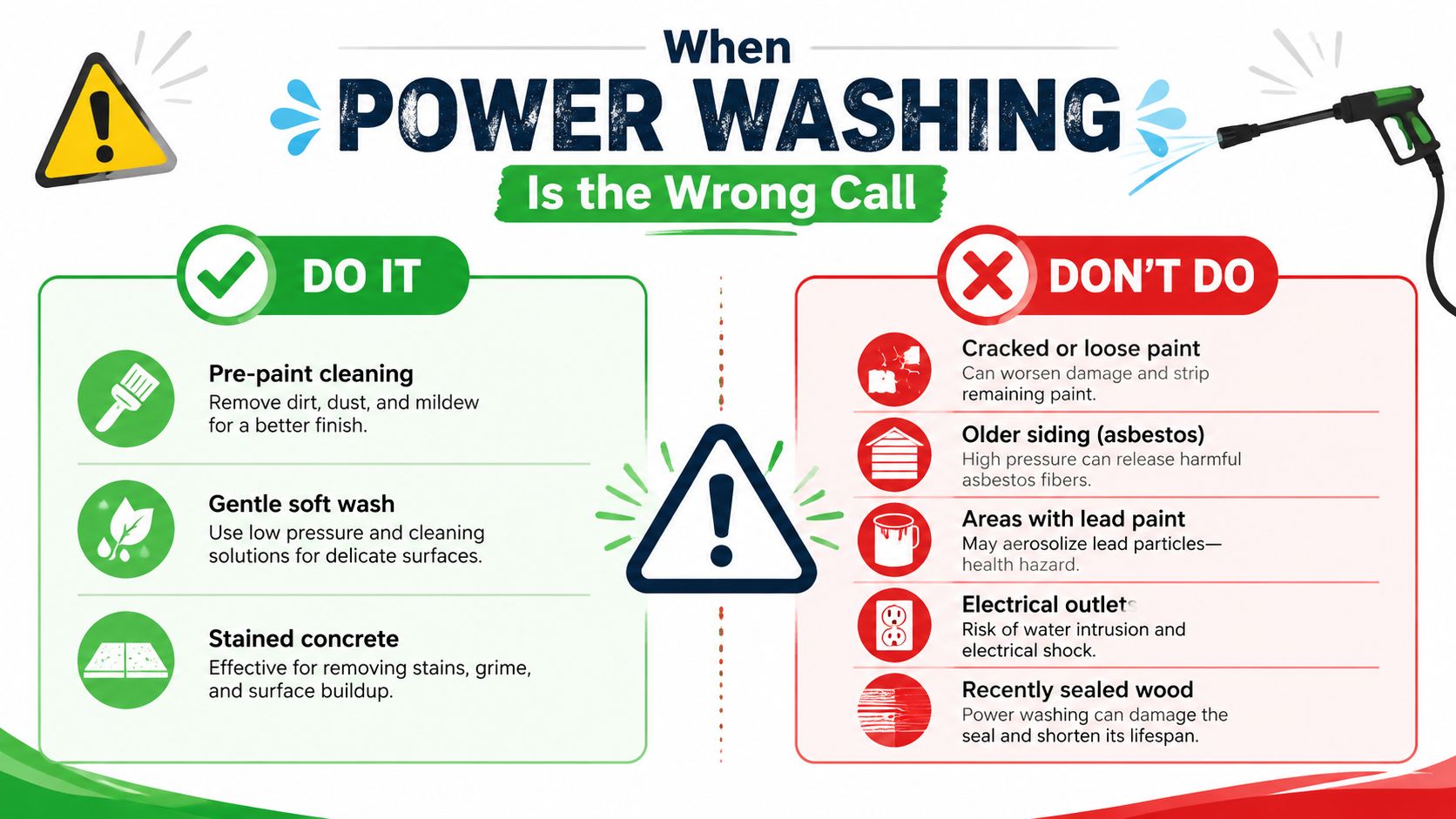 An infographic showing when it is appropriate and inappropriate to use power washing on different surfaces.