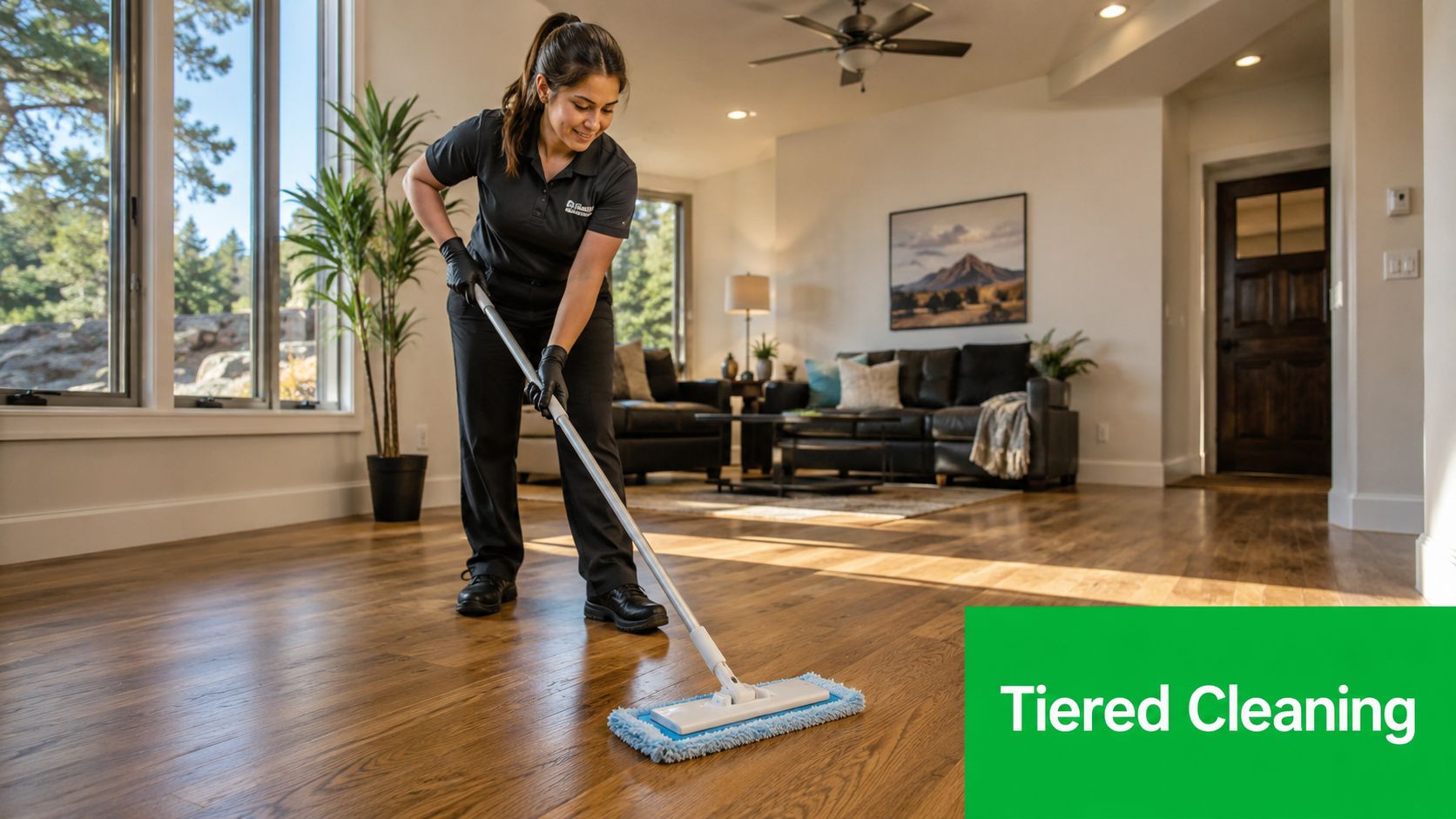 A professional cleaner mopping the hardwood floor in a bright, modern living room interior.
