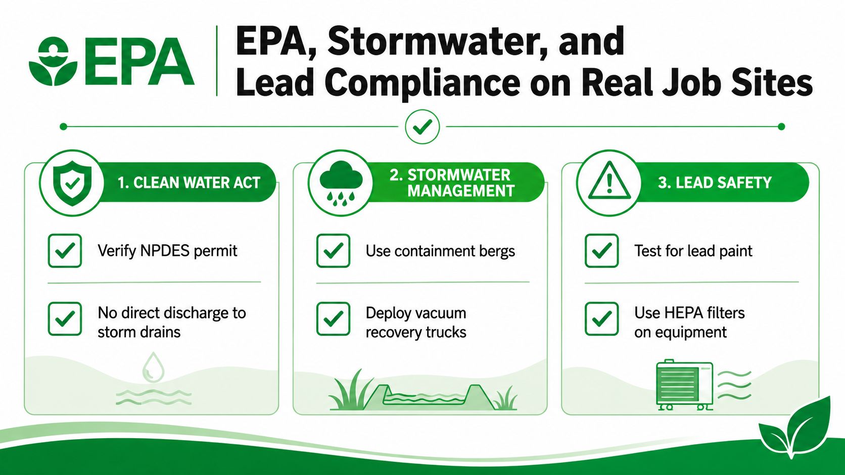 An infographic detailing EPA guidelines for stormwater and lead compliance on construction and cleaning job sites.