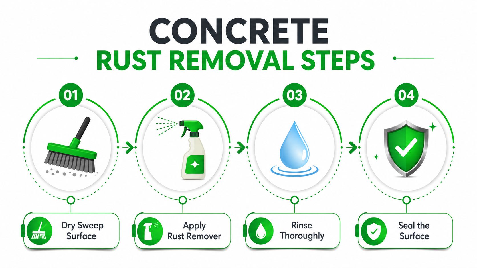 An infographic showing four simple steps for removing rust stains from concrete surfaces including sweeping and sealing.