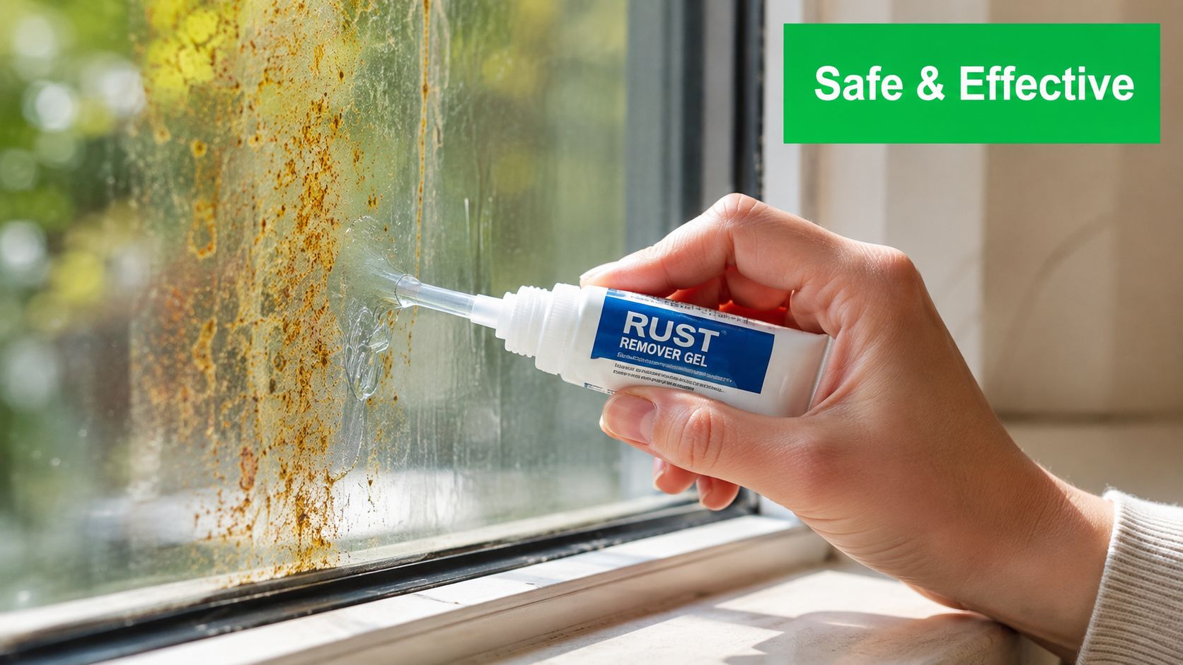 A hand applies rust remover gel from a squeeze tube onto a stained glass window pane.