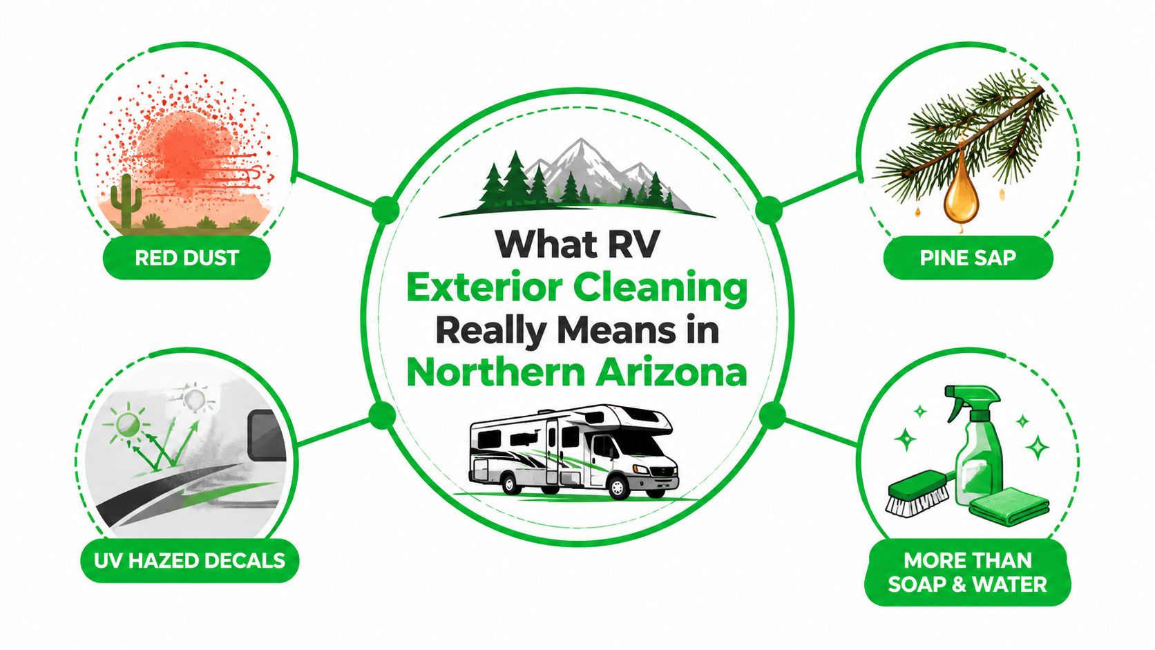 An infographic showing common RV exterior cleaning challenges in Northern Arizona including dust, sap, and UV damage.