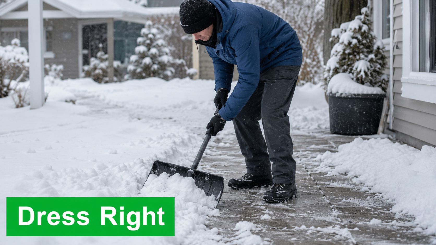 A man wearing winter gear safely shovels snow from a residential walkway on a cold day.